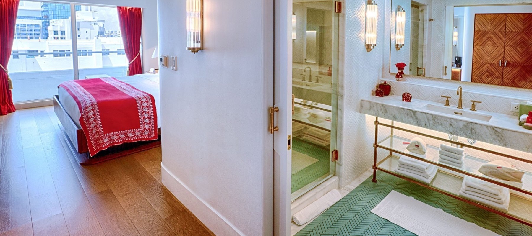 ocean view hotel room looking into bathroom 