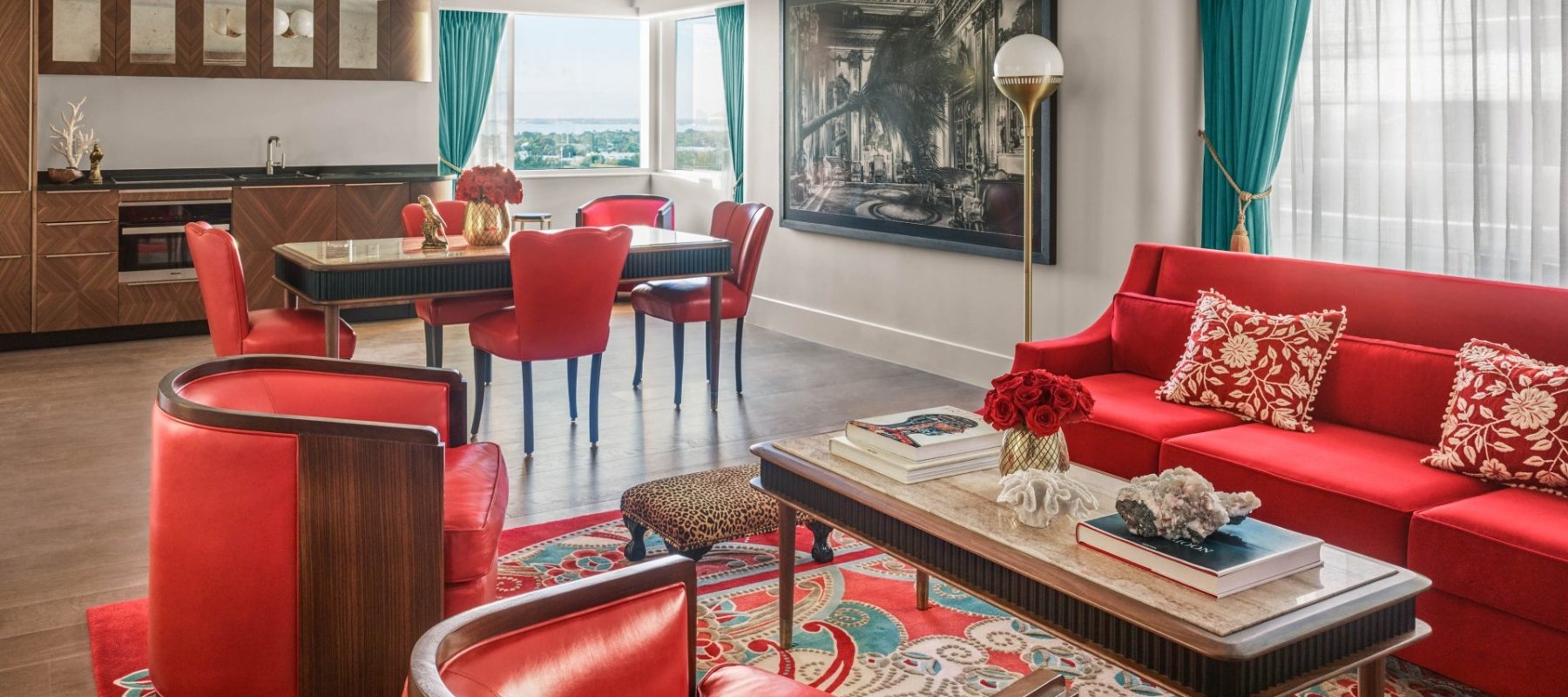 hotel suite seating area and dining table