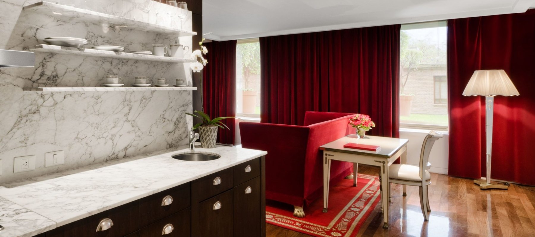 hotel loft suite with counter and living space