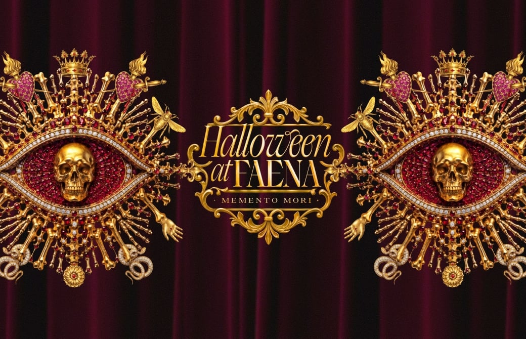 Halloween at Faena Memento Mori header with ornate gold skull-and-eye emblems on a red velvet curtain