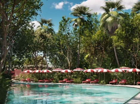 Pool area with lounge chairs