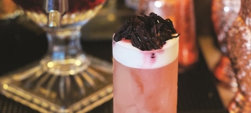 A pink cocktail in a tall glass