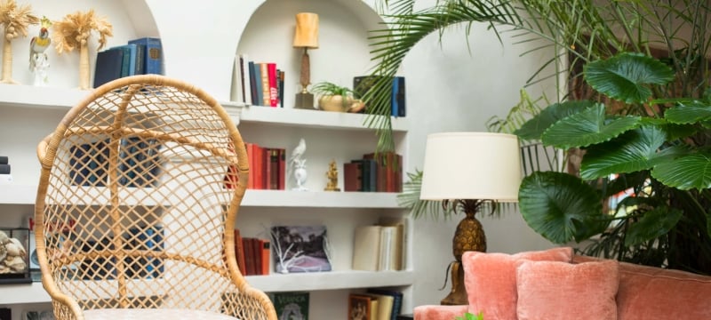 wicker chair and pink couch sit in front of with book shelves and plants