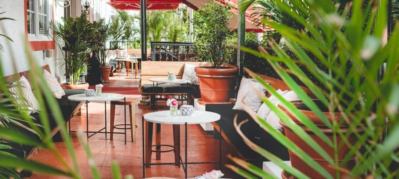 tables and greenery on patio seating area