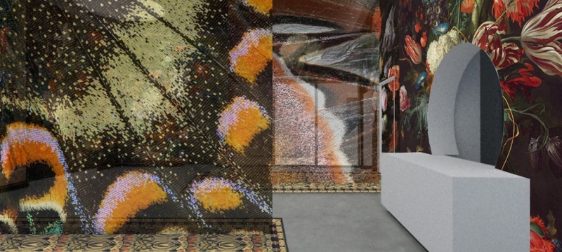 Lobby with abstract painted walls