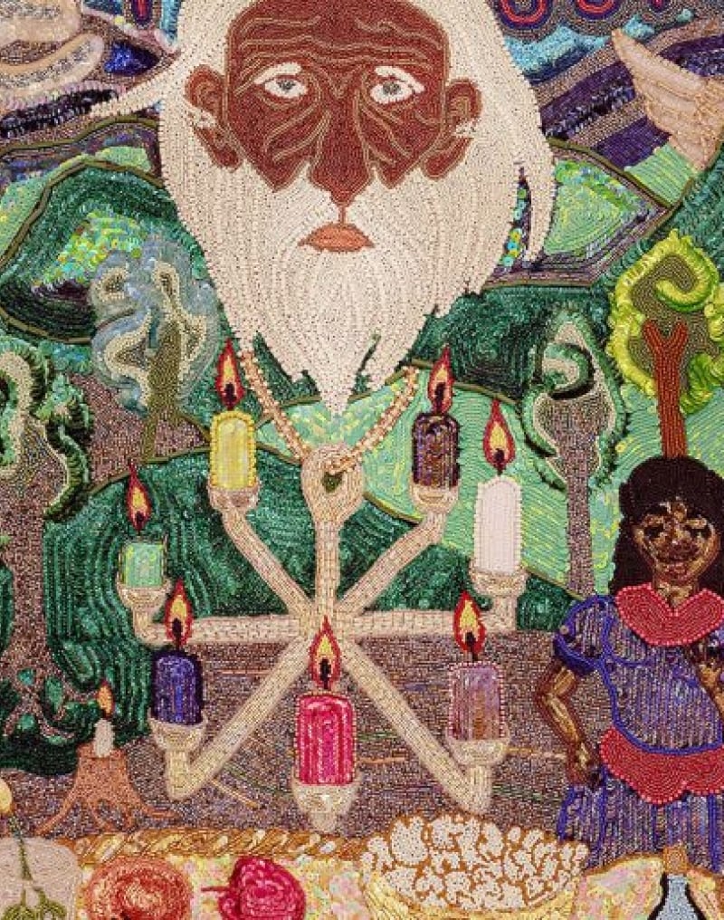 beaded tapestry of people and god-like figured