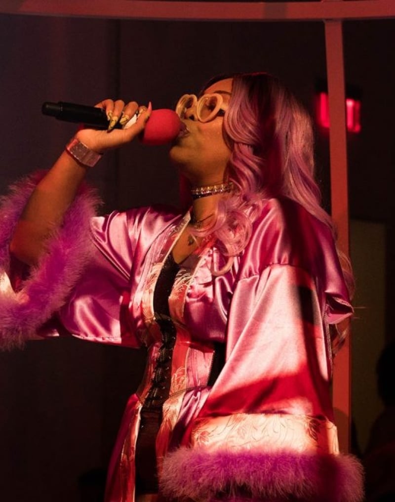 Suzi Analogue performs wearing pink fur-lined silk top