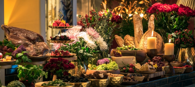 Buffet style table with various foods