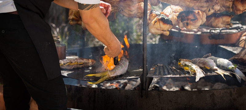 chef grills fish and meat on large outdoor grill