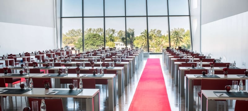 Meeting room in the Faena Forum with a Classroom table set up 