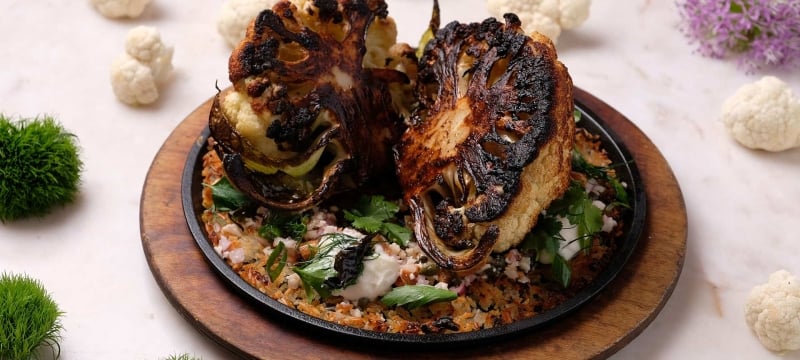 Roasted cauliflower on a bed of rice from Los Fuegos